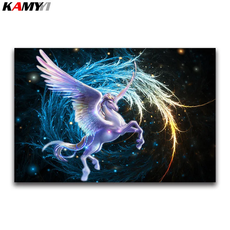 

3d diy diamond painting cross stitch flying colorful horse square diamond embroidery cartoon white Pegasus painting home decor