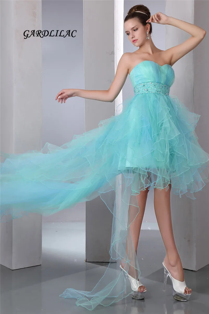 

Ruffles Mint Hi-Lo Evening dresses 2017 Hight Low Wedding Party Gown Sweetheart Organza with Crystal Belt Prom Gown