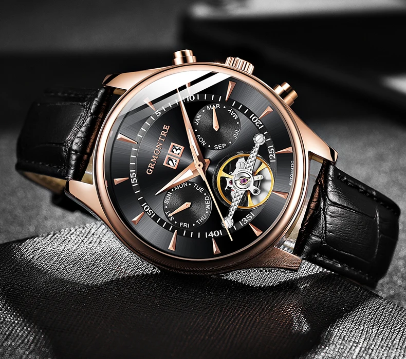 Механические Мужские часы с каркасом турбийоном, автоматические, классические, розовое золото, кожа, механические наручные часы, Reloj Hombre, роскошные