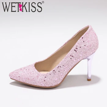 

WETKISS Thin High Heels Women Pumps 2018 New Fashion Bling Wedding Ladies Shoes Shallow Pointed Toe Rubber Footwear Big Size 48
