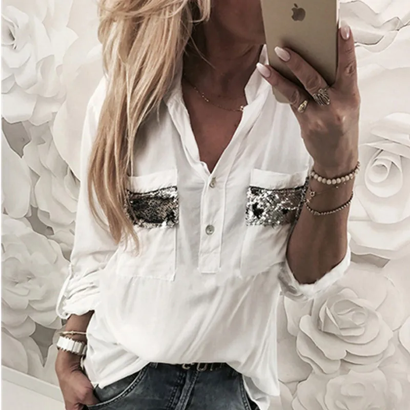 

Women Sexy V-neck Sequins Blouse Shirt Spring Summer Elegant Office Lady Blouses Tops Plus Size S-XL blusa feminina W3