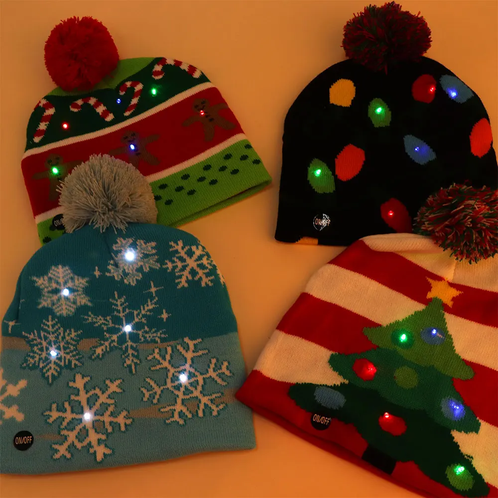 

LED Christmas Beanie Snowflake Sweater Christmas Tree Hat Beanie Light Up Knitted Hat For Children Adult Christmas Party