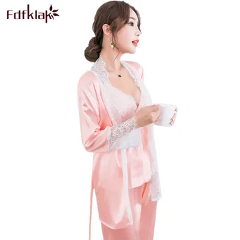

Fdfklak 3 pieces set lounge sleepwear pajamas women silk lace dressing gowns long sleeve women's sleep pijama pyjama femme