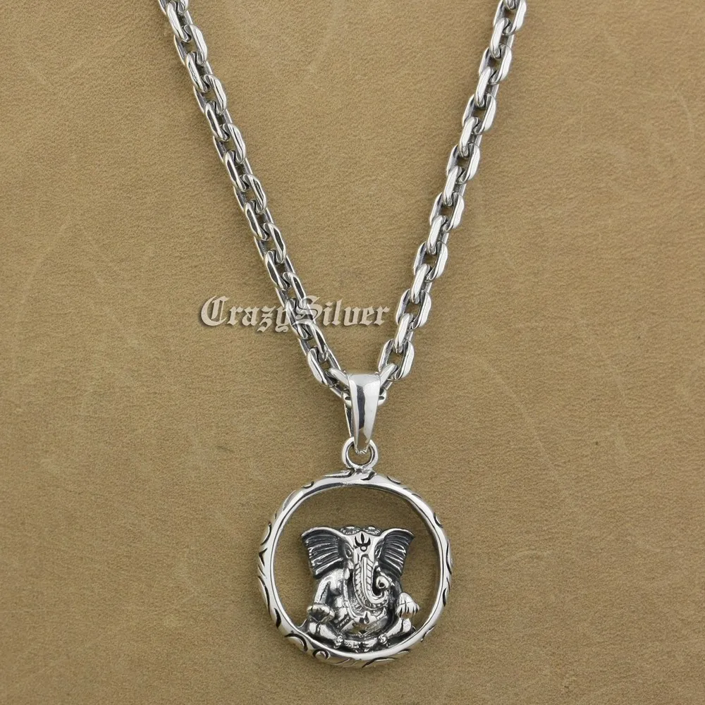 

925 Sterling Silver Buddha Elephant Mens Biker Round Pendant 9V112A 925 Sterling Silver Necklace 24