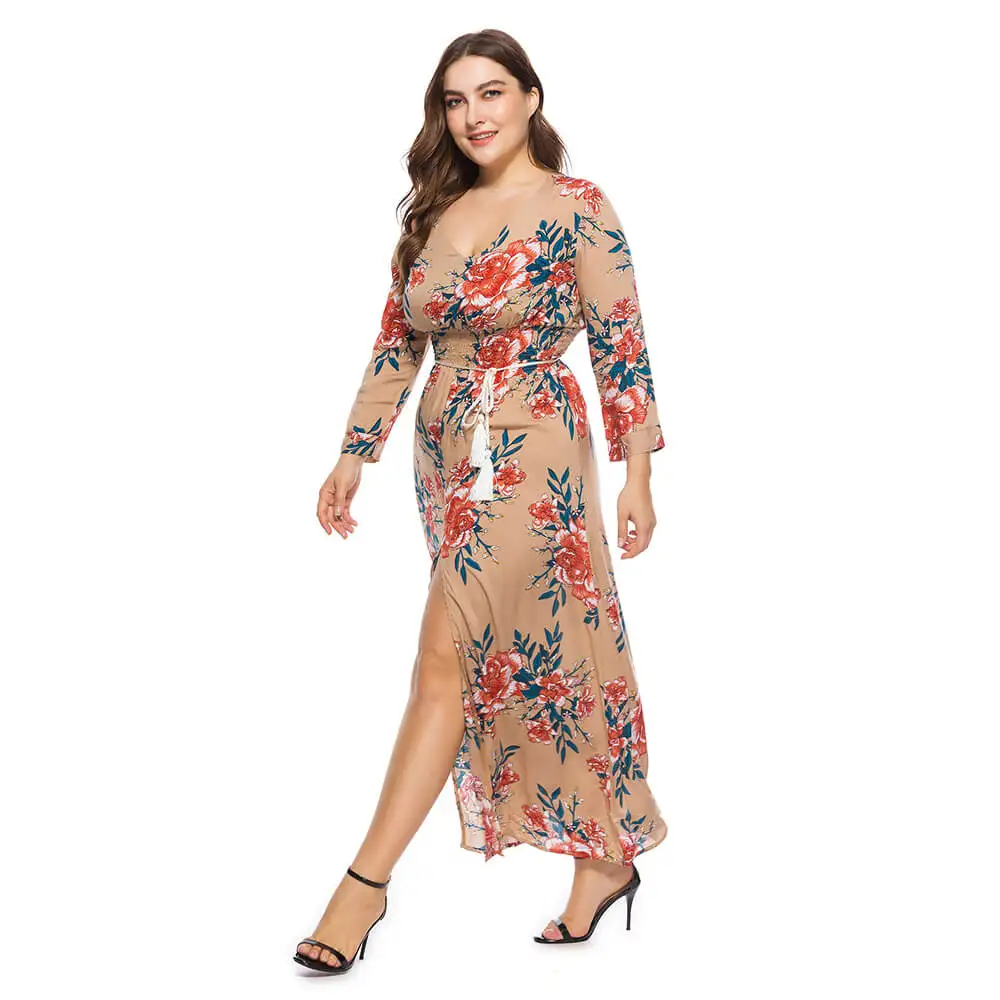 Robe De Soiree сексуальное шифоновое длинное вечернее платье с v-образным вырезом, большие размеры, вечернее платье с длинным рукавом и цветочным рисунком, вечерние платья с разрезом, Пляжное Платье