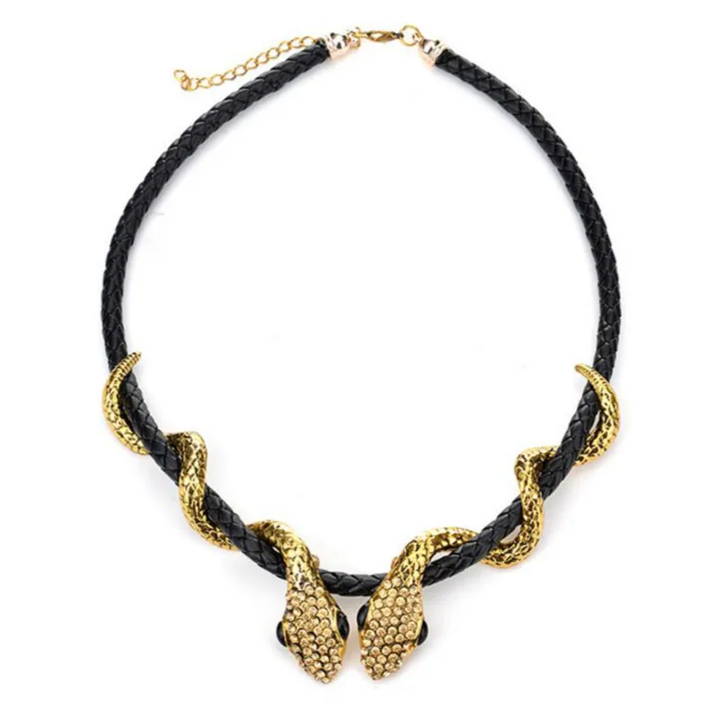

New Fashion Leather Rope Double Snake Choker For Women Ancient Gold Rhinestone Vintage Animal Statement Necklace Collier Femme