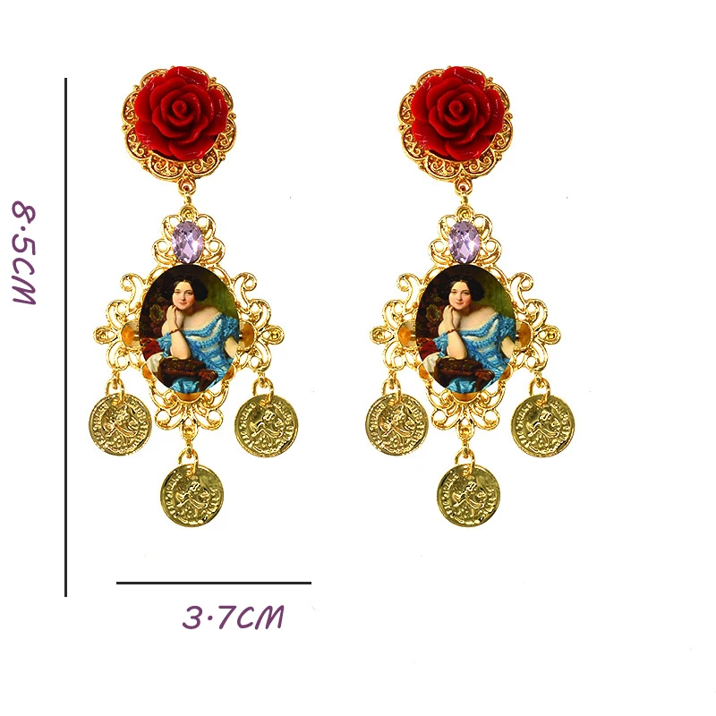 Baroque Bohemian Vintage Jewelry Gold Rose Flower Pearl Oil Painting Crystal Stud Earrings For Lady Party Wedding Wholesale
