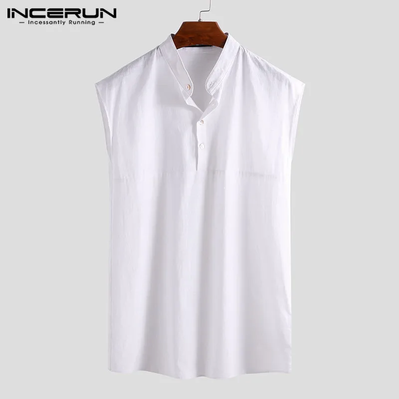 INCERUN Льняная мужская рубашка Летняя Повседневная без рукавов сплошной цвет воротник Индивидуальность Белый длинная майка приталенная жилетка воротник 5XL