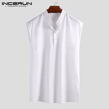 INCERUN Льняная мужская рубашка Летняя Повседневная без рукавов сплошной цвет воротник Индивидуальность Белый длинная майка приталенная жилетка воротник 5XL