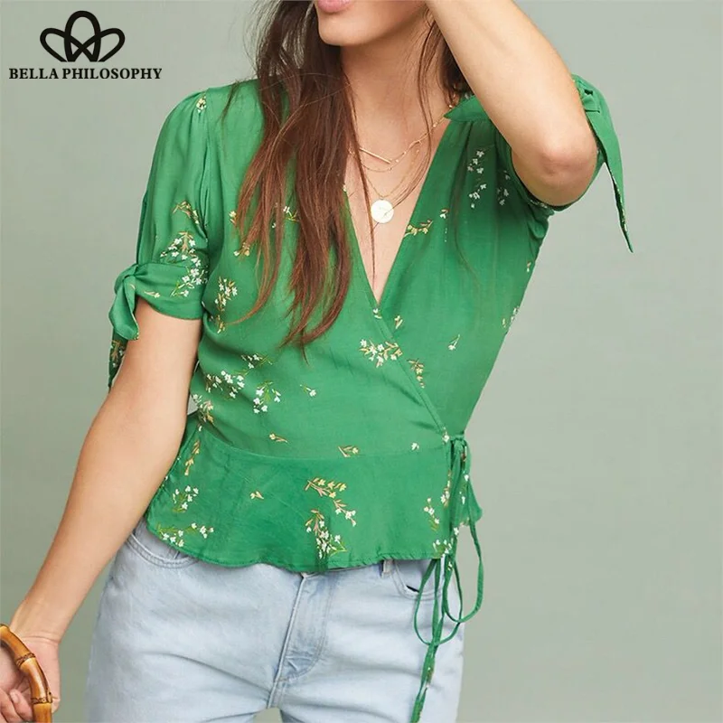 2019 Summer Short Sleeve Loose Blouse Shirts Vintage Print Floral Female Boho Blouse Sexy V-Neck Lady Lace-Up Tops Wonder Store