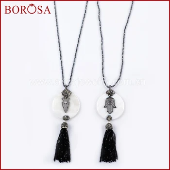 

BOROSA 3PCS Handcrafted Hematite Necklace with Tassel White Shell Pendants Necklace pave hamsa hand Pendant Gems Necklace JAB861