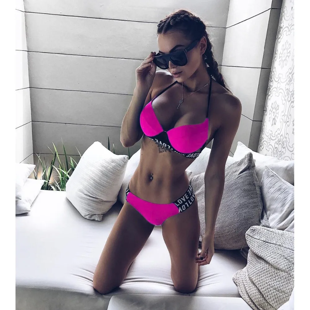 Women Sexy Bikini Set Soild and Letter Print Bathing Suits Adjustable Thin Strap Swimsuit Top With Cut Out Thong Bikini 6 Color 3