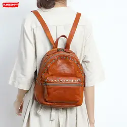 Новый Ретро Для женщин заклепки рюкзаки модные повседневные большая емкость женский натуральная кожа сумки на ремне Многослойные