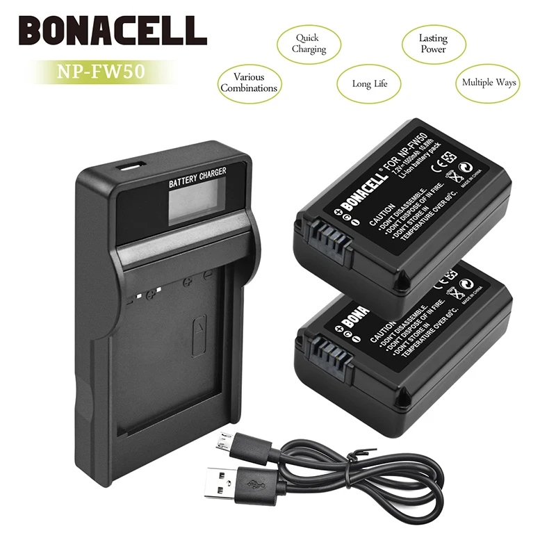 Bonacell 7,2 V NP-FW50 FW50 Batteria Батарея + ЖК-дисплей Зарядное устройство для sony Alpha A6500 A6300 A6000 A7r A5000 7R A7R A7R II A7S A7S II A7