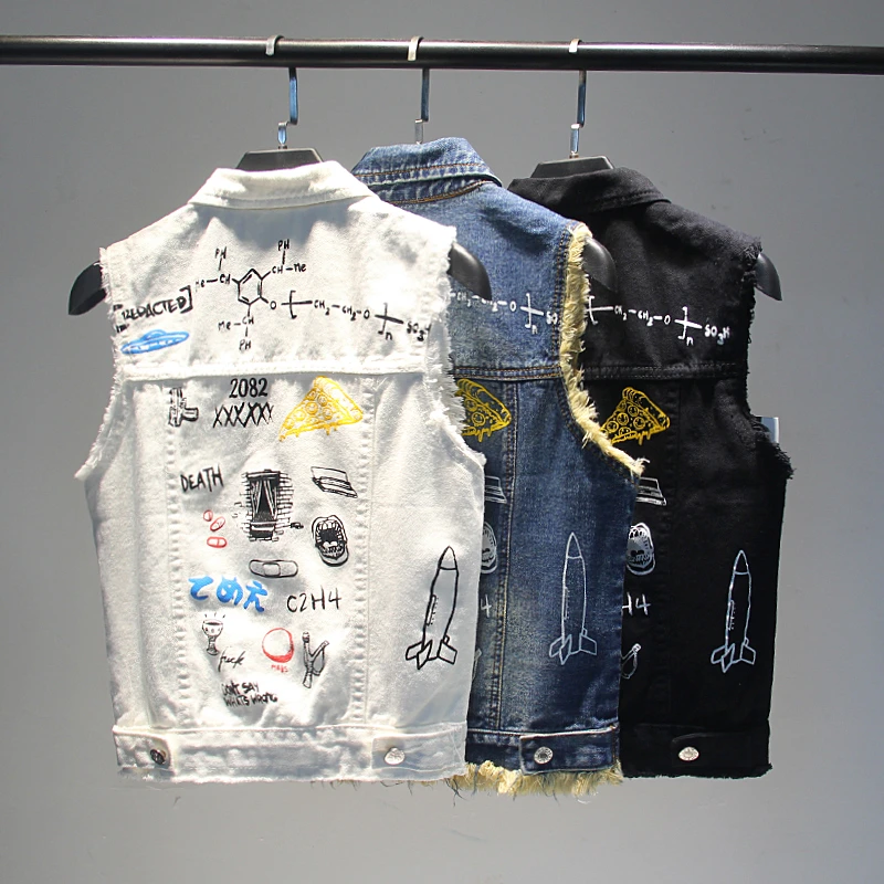 

Spring Summer New White Denim Vest Female Grinding Hole Printing Pattern Short Hair Edge Lovely Sleeveless Jacket Students Vests
