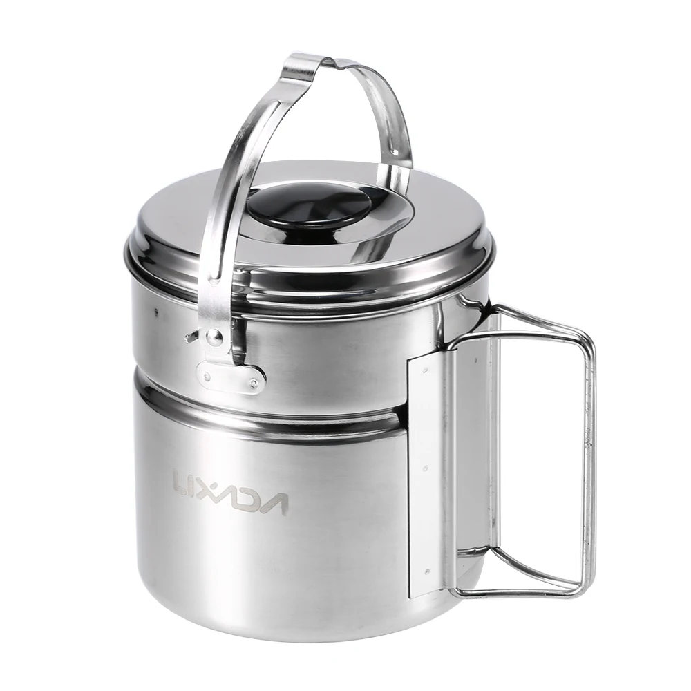 

Lixada Stainless Steel Bail Handle Camping Pot with Internal Steaming Dish Foldable Handle Outdoor Tableware
