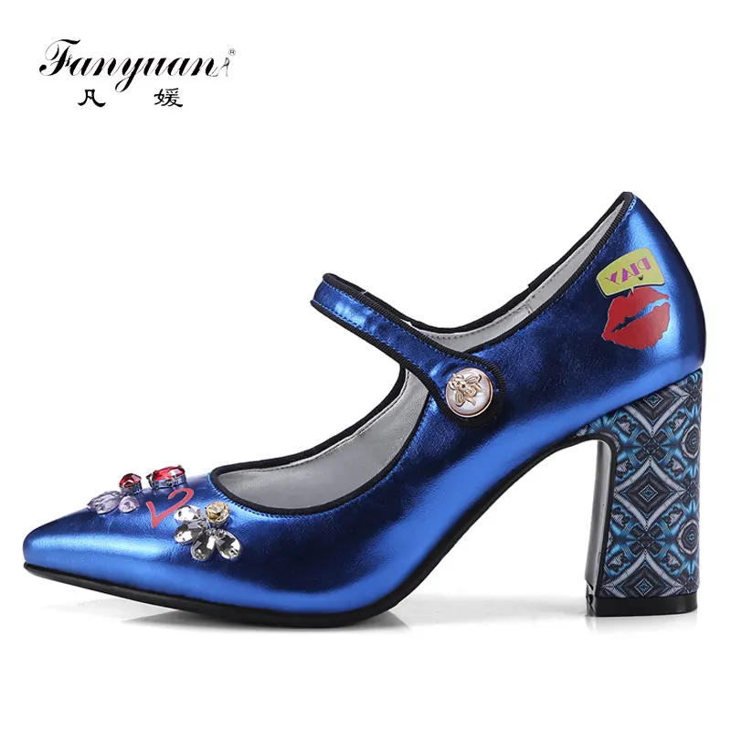 

Fanyuan Special Graffiti Colorful Women Mary Pumps Sexy Women Chunky High Heels Spring Wedding Party Women Shoes sapato feminino