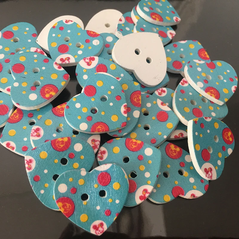Heart Shape Wood Buttons 50pcs/bag 8 Designs Printed Style 2-Holes Wooden Sewing DIY Materials Needlework Accessories | Дом и сад