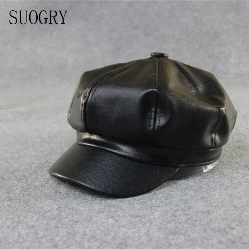 

SUOGRY New Brand Spring Autumn Star Bingbing Beret Hat Painter Cap Pu Leather Hats For Women Chapeu Feminino Gorras Planas