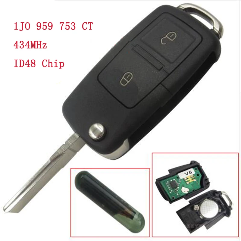 

2 Button Flip Remote Key Fob Case 434MHz ID48 Chip Bora Golf MK4 1J0 959 753 CT