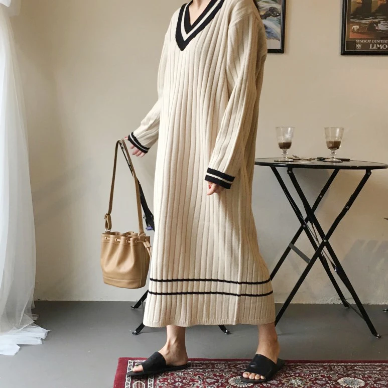 

black strip New Autumn Winter Warm Sweater Dress Women Sexy Loose Bodycon Dress Female v neck Long Sleeve Knitted Dress Vestidos