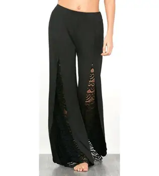 

Wide Leg Pants Women High Waist Pant Black Lace Patchwork Palazzo Pants Long Trousers Loose Culottes