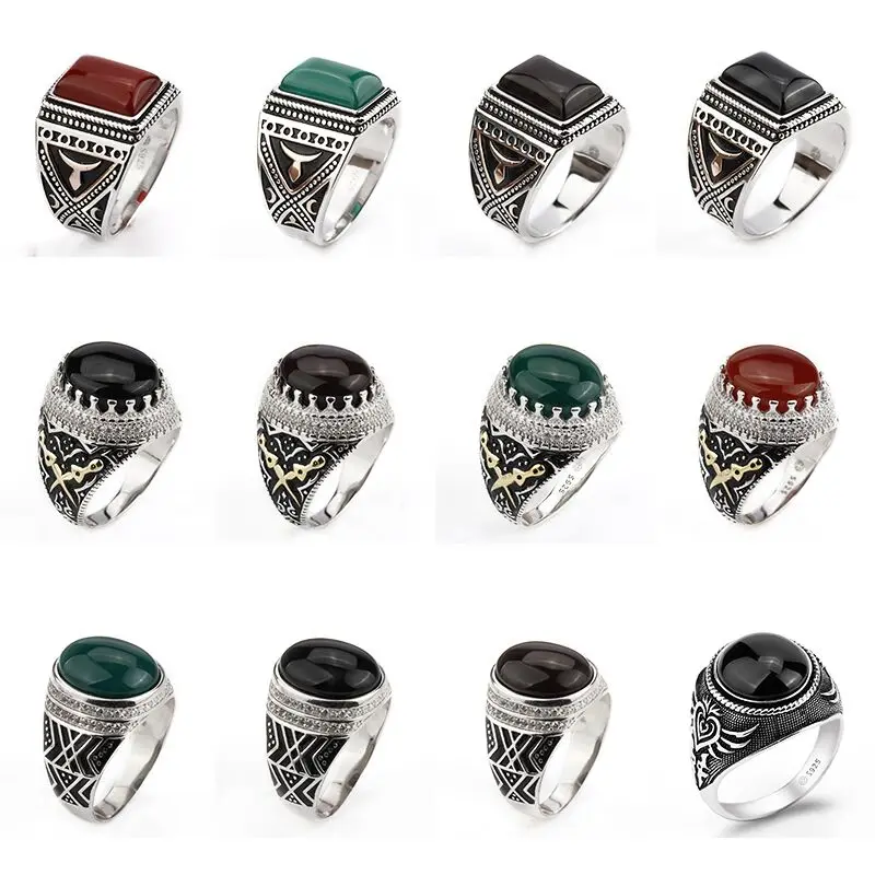 

925 Sterling Silver Men Ring Multi-color Colors Green/Black/Brown/Red Big Stone with Small Clear CZ for Men Jewelry Making