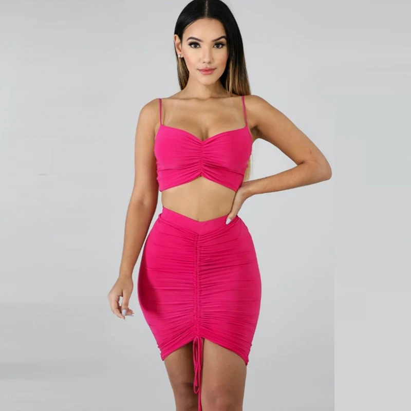 

NewAsia Sexy Bodycon Dress Women Summer Can Adjust Length Sleeveless Two Piece Dress Front Pleat Pleated Party Dress Pink 2019