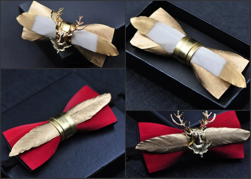 

Free Shipping new men's male fashion casual Gold Feather Striped Leather Bow Golden Deer Head Bow Tie Male Groom Marriage