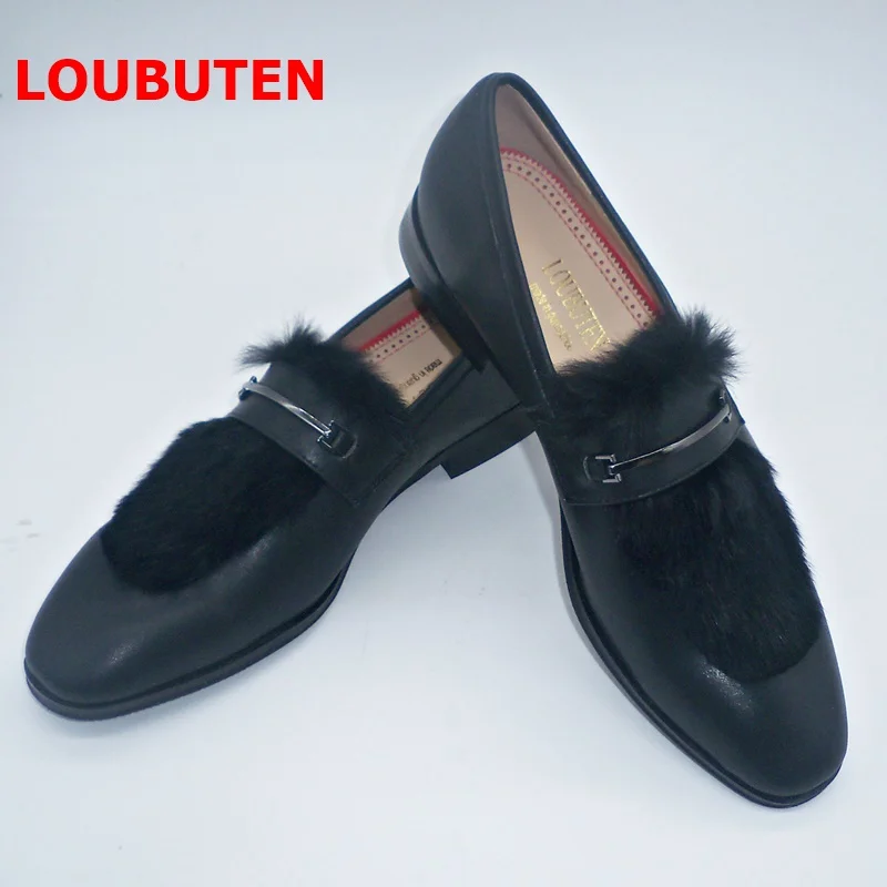 

LOUBUTEN New Arrival Black Leather Loafers With Fur Handmade Slip-on Men Dress Shoes Fashion Casual Men's Flats