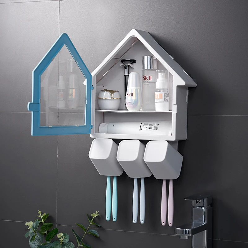 

Multifunction Dust-Proof Toothbrush Rack Creative Wall Mount Brushing Cup Bathroom Hanging Shelf Cosmetic Grocery Organizer Sets