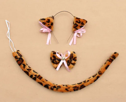 Плюшевые животного Cat повязка на голову белый черный розовый кот Leopard Тигр Hairband хвост галстук-бабочка праздничный костюм на Хэллоуин женские украшения - Цвет: leopard