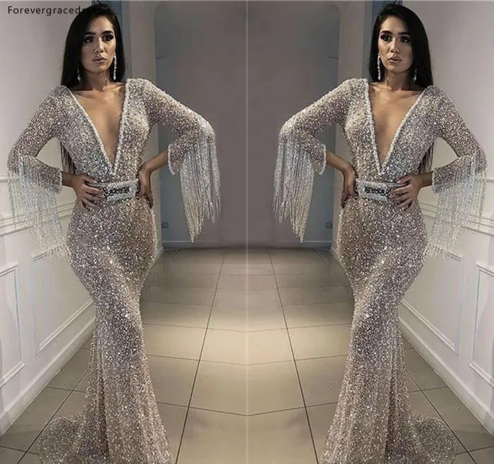 Sparkly Silver Sequins Mermaid Prom Dresses 2019 Sexy Plunging V Neck Long Sleeves With Tassel Formal Women Evening Gowns  162 (2)