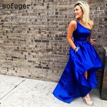 Королевский синий одно плечо Высокий Низкий Простой сатин вечерние платья Арабский мусульманский особых случаев размера плюс вечерние платья