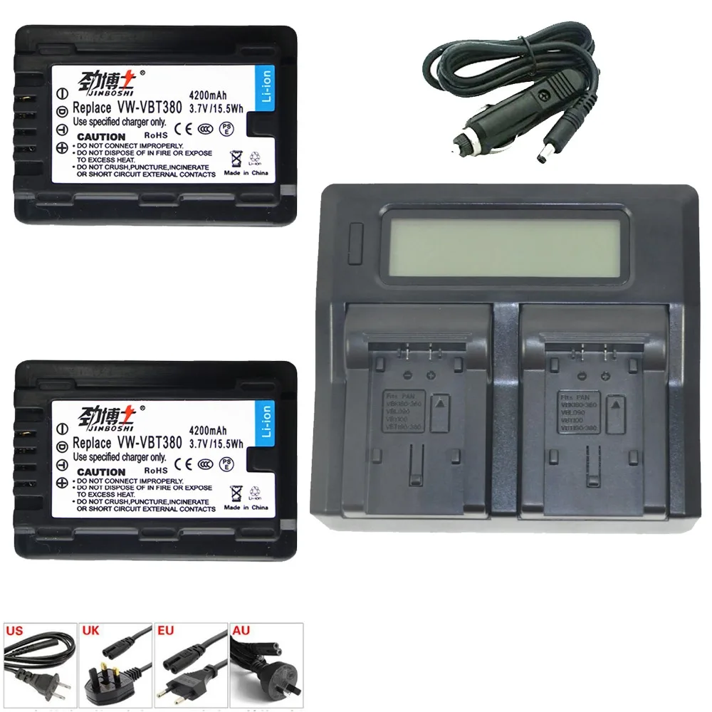 

2x VW-VBT380 vw vbt380 VWVBT380 Li-ion Battery + LCD Dual Charger For PANASONIC HC-V160 V380 V520 V720 V550 W850 WXF990 WX970