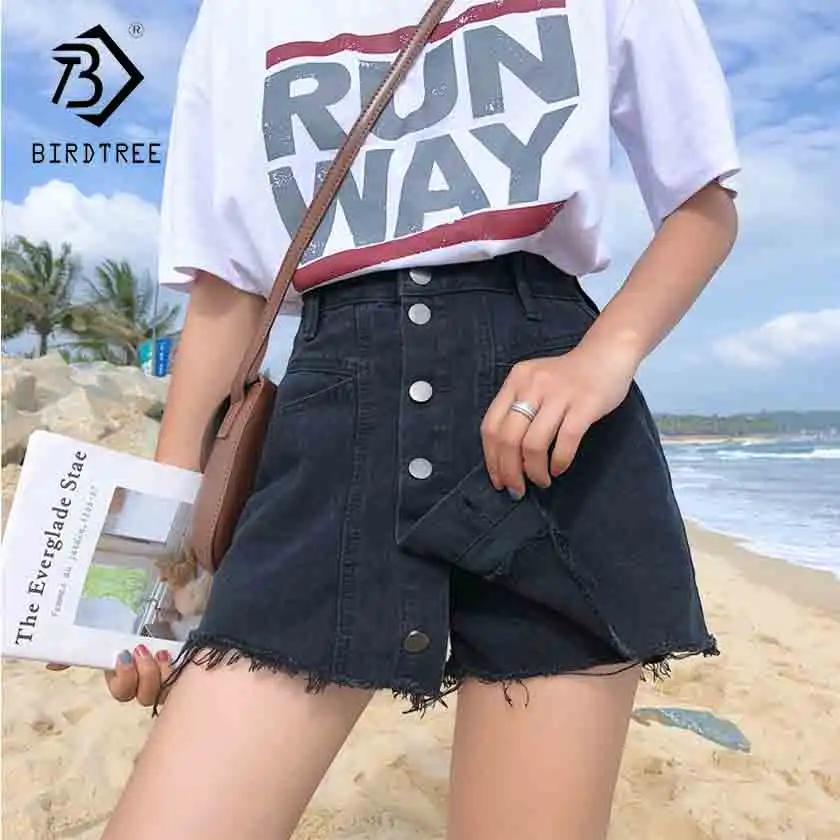 

2019 New Arrival Women's Solid High Waist A-Line Denim Mini Shorts Skirt Button Ripped Hem Female Fashion Casual Hot B93308X