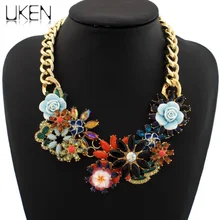 UKEN Big Brand Vintage Gold Color Exaggerated Luxury Crystal Resins Flower Collar Choker Necklace Statement JC Maxi Jewelry