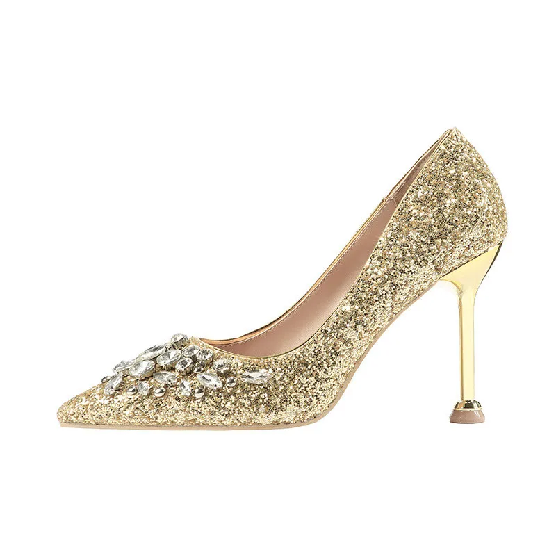 

2019 spring and autumn new European and American pointed high-heeled sexy women's shoes gold 0510