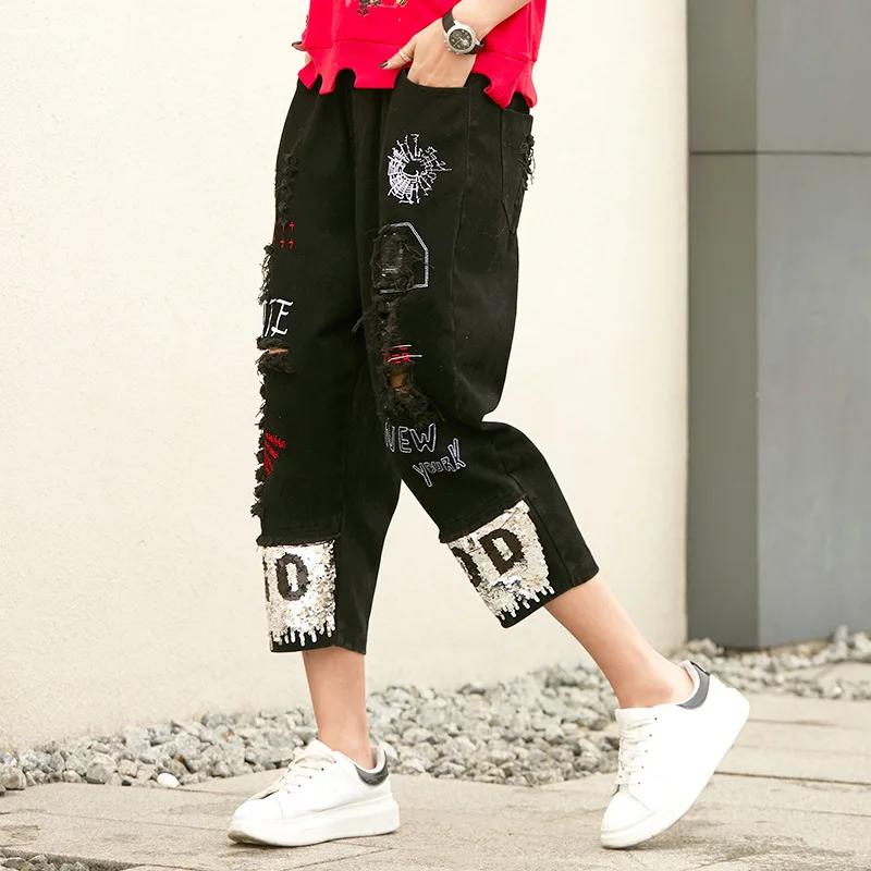 Hip Hop Holes Jean Pants Women Loose Sequined trouser Wide Leg Pants Casual Elastic Waist Pants LT3379S50 Hip Hop Holes Jean Pants Women Loose Sequined trouser Wide Leg Pants Casual Elastic Waist Pants LT3379S50