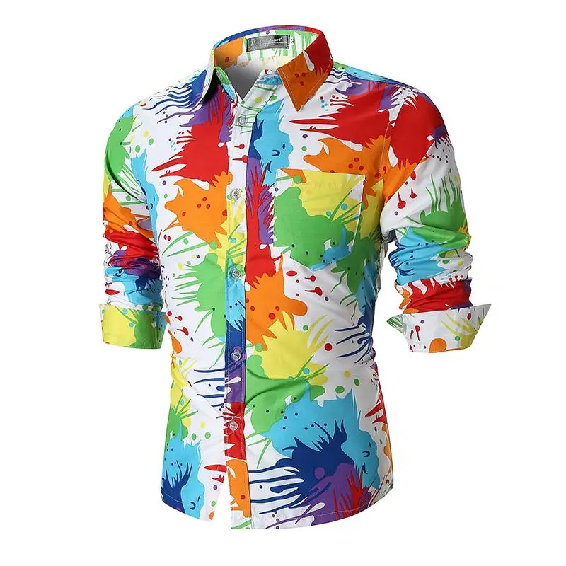 

Fashion Long-sleeved Hawaiian Shirt Color inkjet printing Blouse Men Slim fit Mens Shirts White