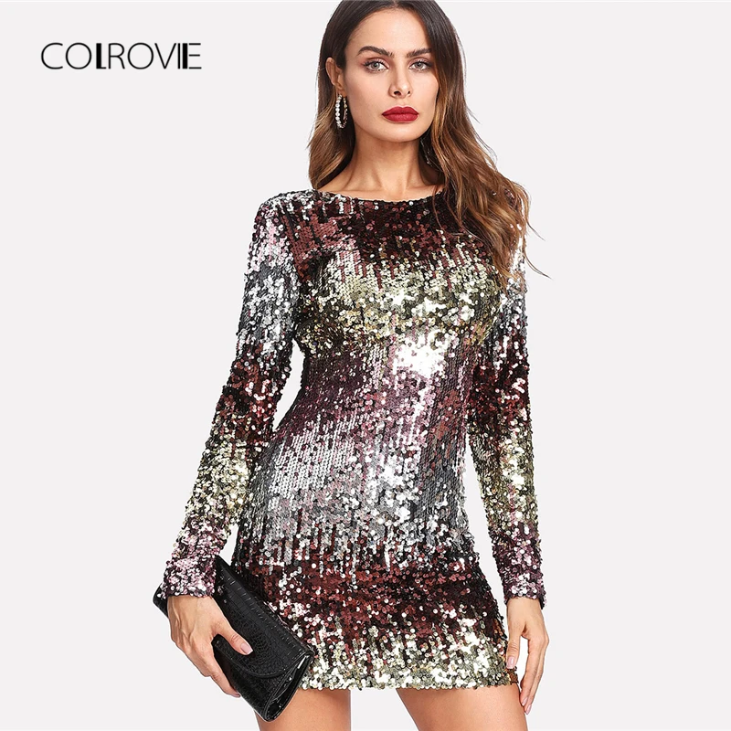 Goedkoop COLROVIE Iriserende Pailletten Jurk 2018 Ronde Hals Lange Mouw Sexy Party Jurk Met Rits Vrouwen Schede Herfst Korte Jurk