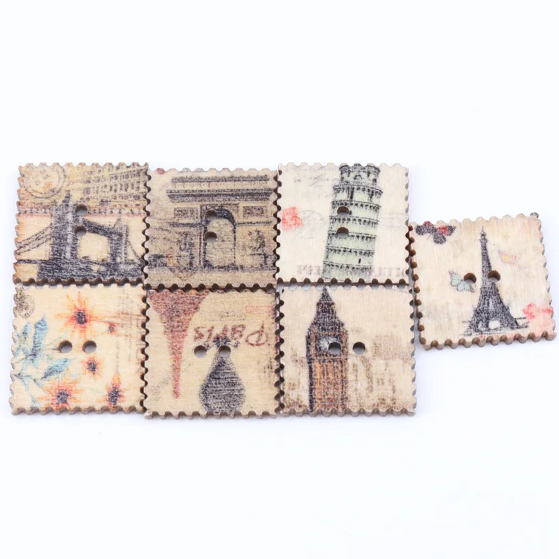 20mm 30pcs Mix Cityscape Painted Postage Stamp Pattern Wooden Buttons 2 Holes Handmade Sewing Scrapbooking Crafts DIY