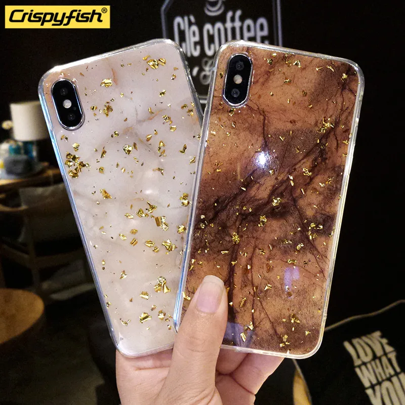 

Crispyfish Glitter Gold foil Marble TPU Silicone Case For iPhone 7 8 Plus Fashion Soft Cover Cases For iphone 6 6s X XR XS MAX