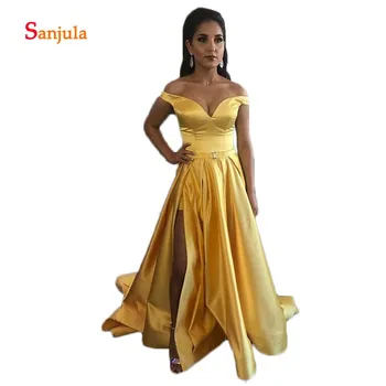 

Sweetheart Yellow Satin Prom Dresses Long Off the Shoulder A-Line Girls Graduation Dresses High Leg Slit Night Party Gowns D516