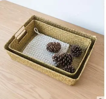 

Rectangular straw rattan double ear fruit plate magazine storage fruit bowl water cup tea tray