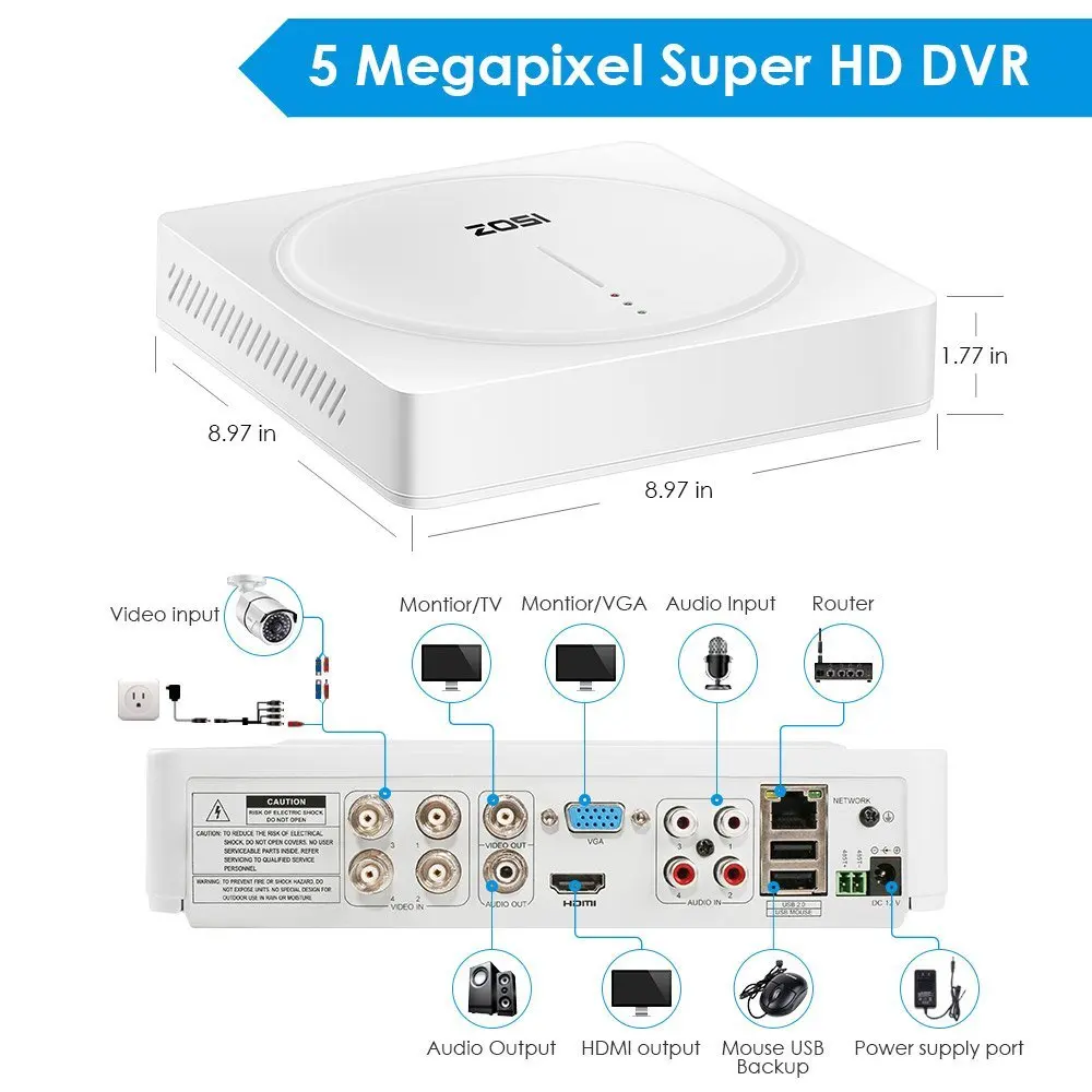 ZOSI 5MP DVR 4-канальный для безопасности Камера, гибридные наушники с возможностью 4-в-1(аналоговый/AHD TVI CVI/) CCTV DVR Регистраторы 1920 p, обнаружение движения