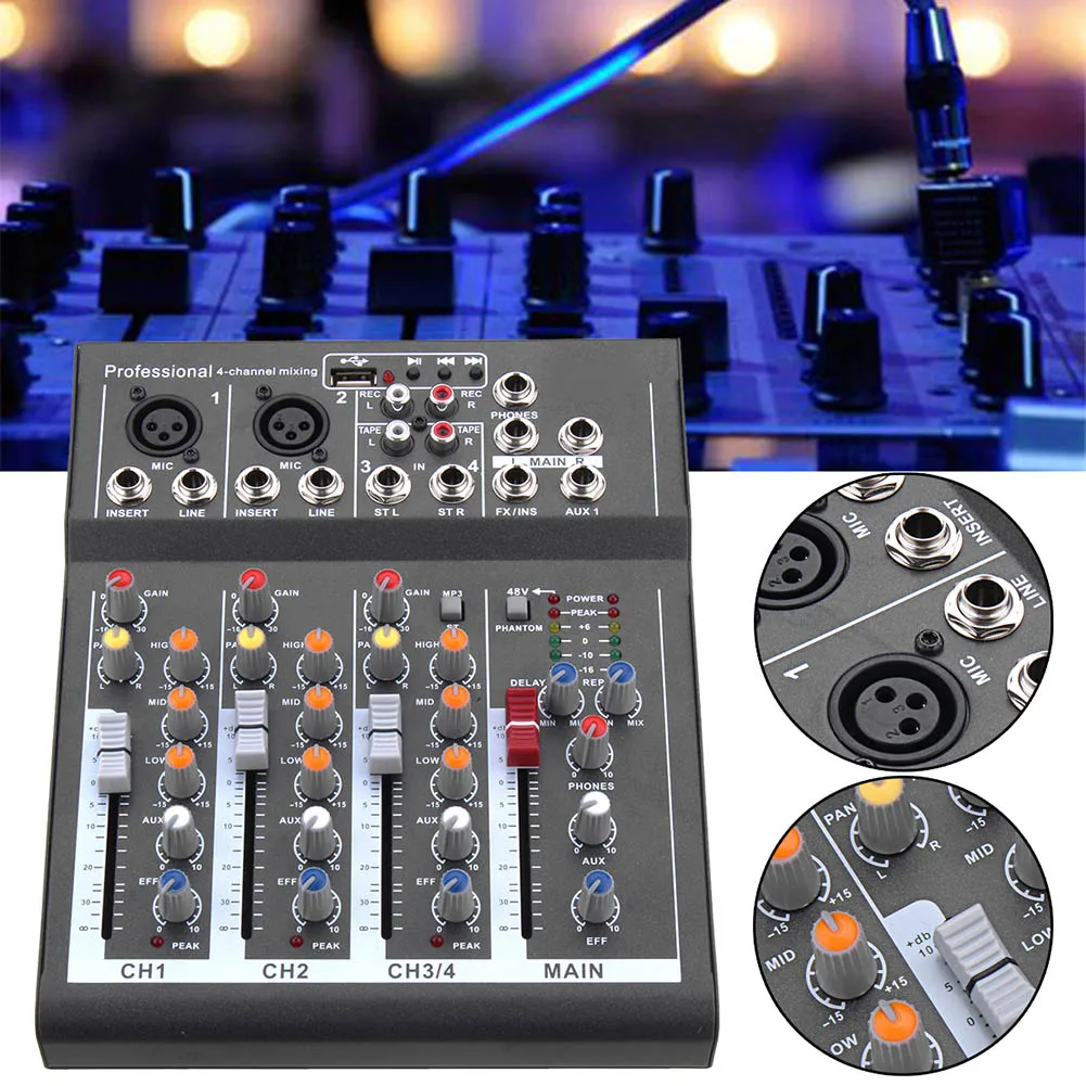 

Hot Mini Audio Mixer with USB DJ Sound Mixing Console 4 Channel 48V Amplifier For Karaoke KTV Party MCK99