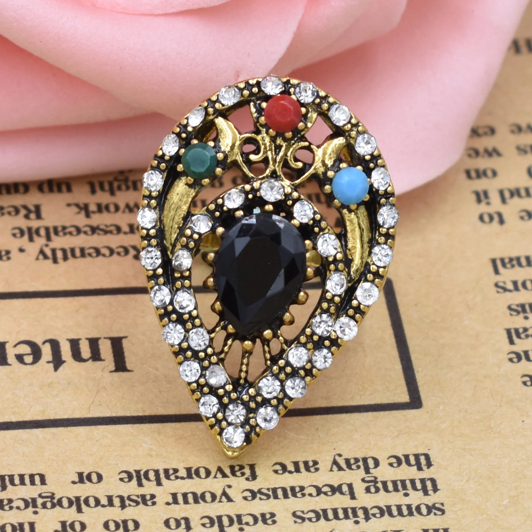 

New Micro-inlay Resin Rhinestone Boho Ring Stainless Steel Gold Vintage Drop Shape Hollow Finger Ring Bague Femme