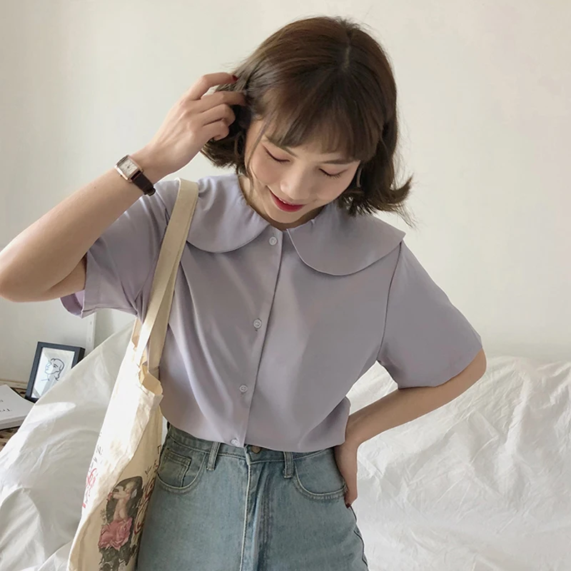 

2019 New Japan Style Cute Doll Collar Short Sleeve Shirts Women Summer Casual Loose Blouses Female Kawaii Chiffon Blusas