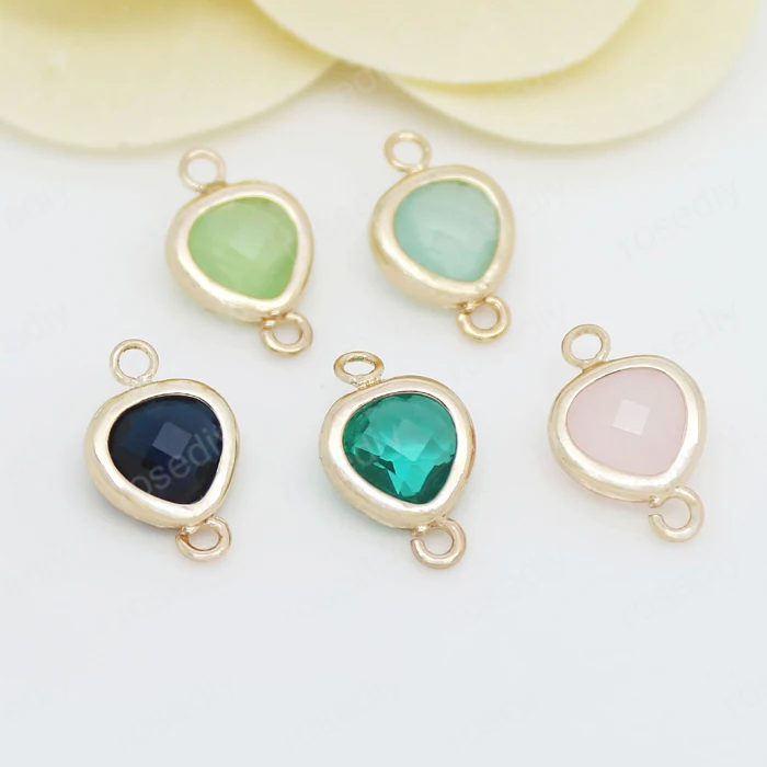 

4PCS 8.5x14MM 24K Champagne Gold Color Plated Brass with Heart Colourful Glass Beads 2 holes Connect Charms Accessories